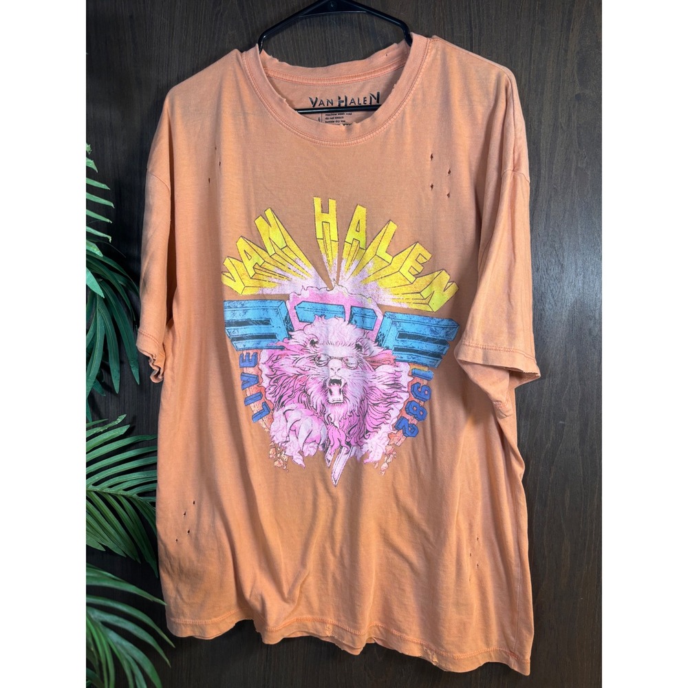 Van Halen 1982 Graphic Band Tee Distressed Orange T-Shirt Size Large